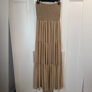 Medium strapless tan Michael Kors outlet dress. Floor length.